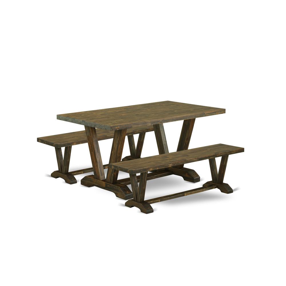 East West Furniture V2-776 3 Piece Dining Table Set - 1 Distressed Jacobean Small Kitchen Table and 2 Kitchen Table Bench - Distressed Jacobean Finish