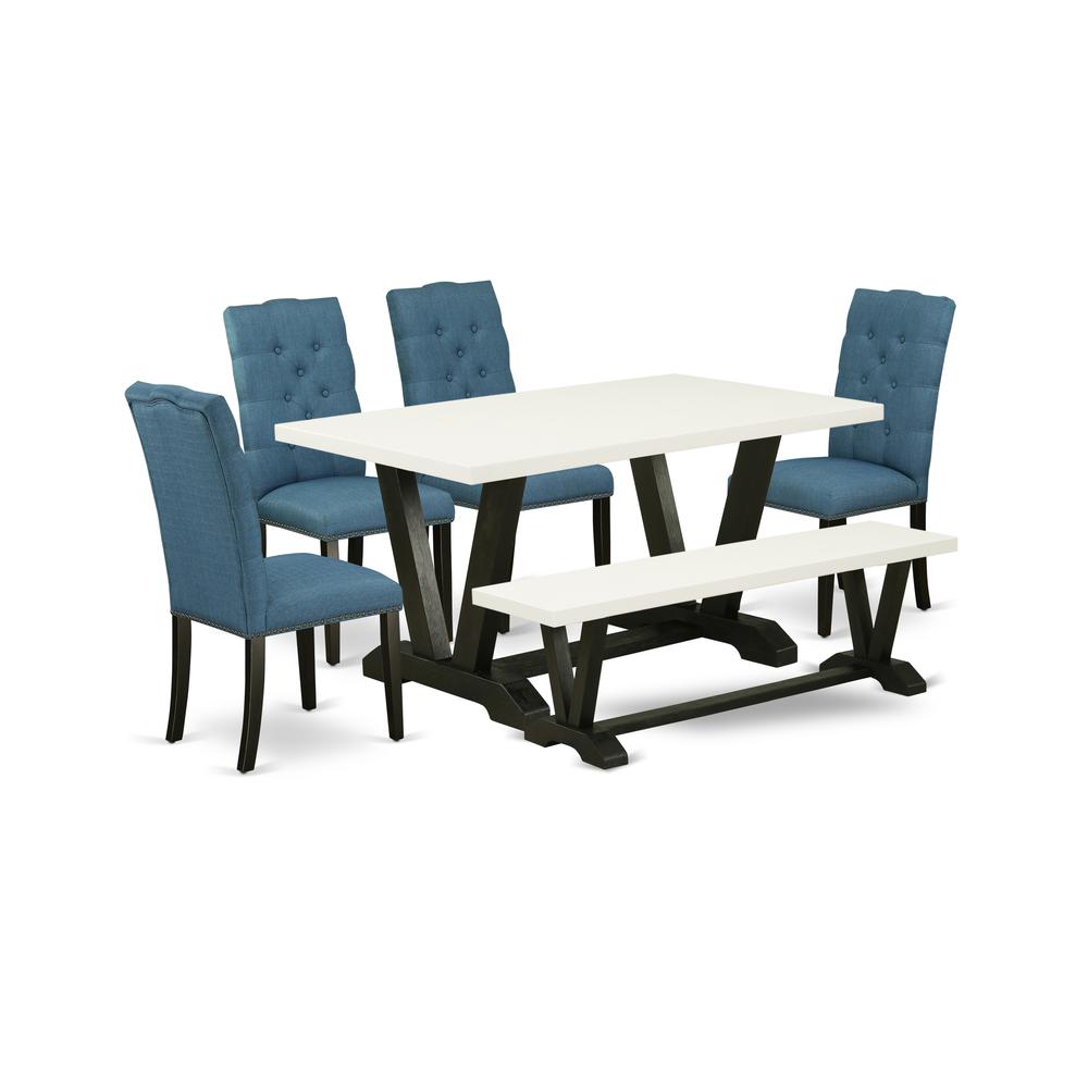 East West Furniture V626EL121-6 6-Piece Fashionable Dining Set an Outstanding Linen White Kitchen Table Top and Linen White Dining Bench and 4 Beautiful Linen Fabric Parson Chairs with Nail Heads and