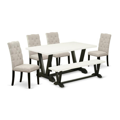 East West Furniture 6-Pc Dinette Set-Doeskin Linen Fabric Seat and Button Tufted Chair Back kitchen parson chairs, A Rectangular Bench and Rectangular Top Dinette Table with Wooden Legs - Linen White