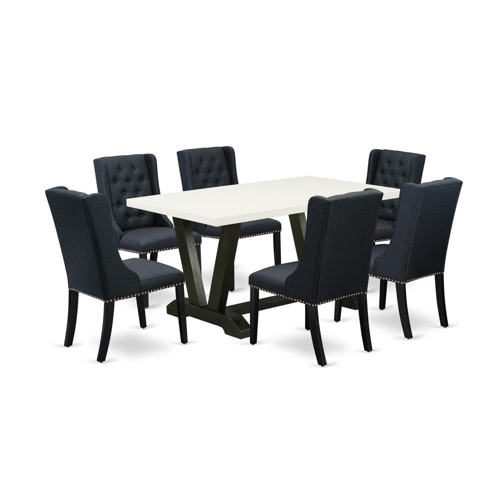 East West Furniture V626FO624-7 7 Piece Dining Room Table Set - 6 Black Linen Fabric Kitchen Chair Button Tufted with Nail heads and Linen White Dining Table - Wire Brush Black Finish