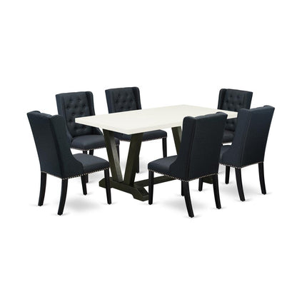 East West Furniture V626FO624-7 7 Piece Dining Room Table Set - 6 Black Linen Fabric Kitchen Chair Button Tufted with Nail heads and Linen White Dining Table - Wire Brush Black Finish