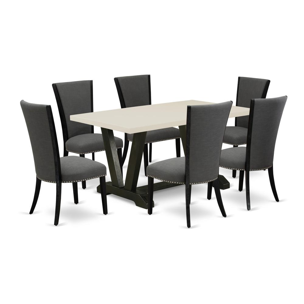 East West Furniture 7 Piece Dining Room Table Set Consists of a Linen White Wooden Table and 6 Dark Gotham Grey Linen Fabric Dining Chairs with High Back - Wire Brushed Black Finish