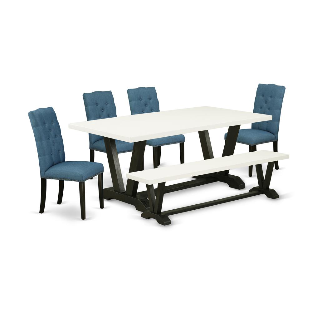 East West Furniture V627EL121-6 6-Piece Awesome Dining Table Set an Excellent Linen White dining table Top and Linen White Wooden Bench and 4 Gorgeous Linen Fabric Padded Parson Chairs with Nail Heads