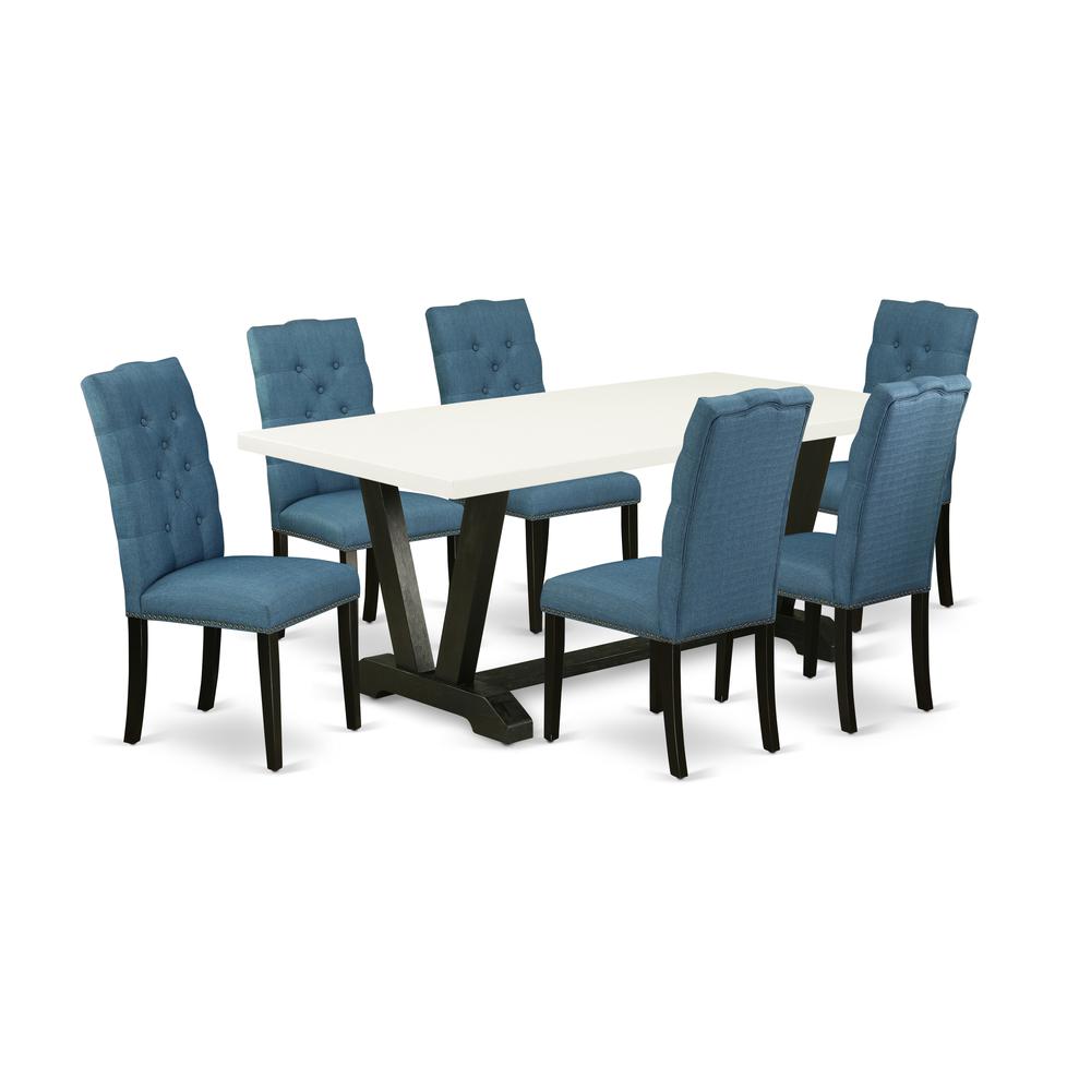 East West Furniture V627EL121-7 7-Piece Fashionable Dining Table Set a Good Linen White Kitchen Table Top and 6 Attractive Linen Fabric Kitchen Chairs with Nail Heads and Button Tufted Chair Back, Wir