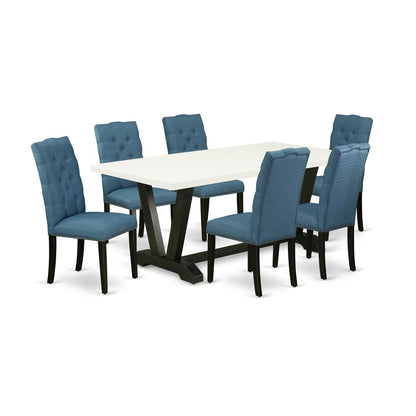 East West Furniture V627EL121-7 7-Piece Fashionable Dining Table Set a Good Linen White Kitchen Table Top and 6 Attractive Linen Fabric Kitchen Chairs with Nail Heads and Button Tufted Chair Back, Wir