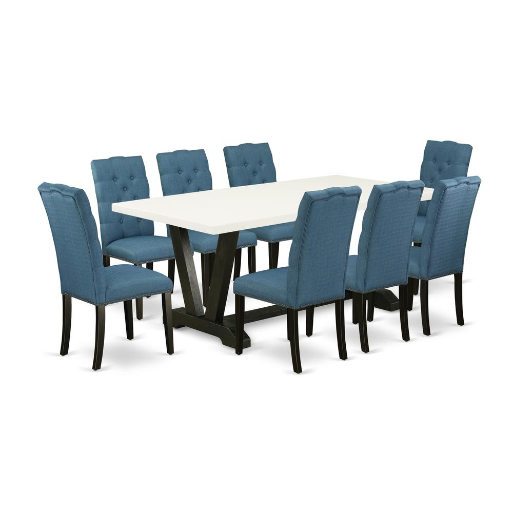 East West Furniture V627EL121-9 9-Piece Gorgeous Dining Room Table Set an Outstanding Linen White rectangular Table Top and 8 Awesome Linen Fabric Padded Chairs with Nail Heads and Button Tufted Chair