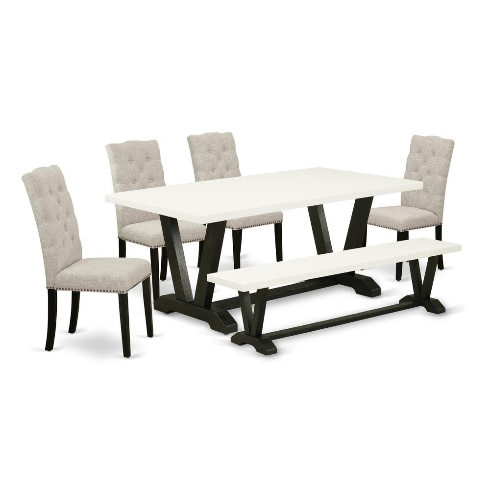 East West Furniture 6-Pc Mid Century Dining Table Set-Doeskin Linen Fabric Seat and Button Tufted Chair Back Dining room chairs, A Rectangular Bench and Rectangular Top dining room table with Wood Leg