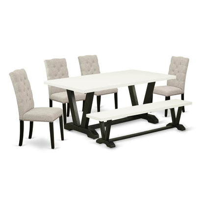East West Furniture 6-Pc Mid Century Dining Table Set-Doeskin Linen Fabric Seat and Button Tufted Chair Back Dining room chairs, A Rectangular Bench and Rectangular Top dining room table with Wood Leg