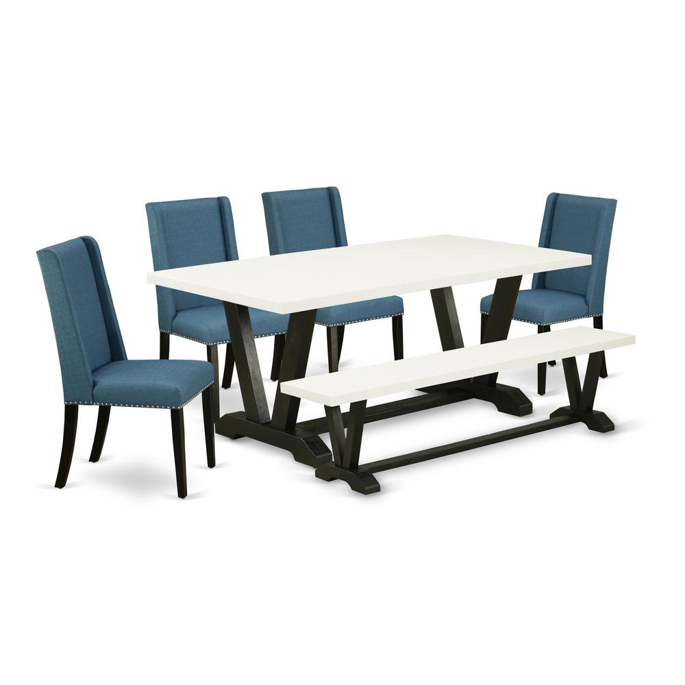 East West Furniture V627FL121-6 6-Piece Awesome Modern Dining Table Set an Outstanding Linen White Wood Table Top and Linen White Kitchen Bench and 4 Amazing Linen Fabric Dining Chairs with Stylish Ch