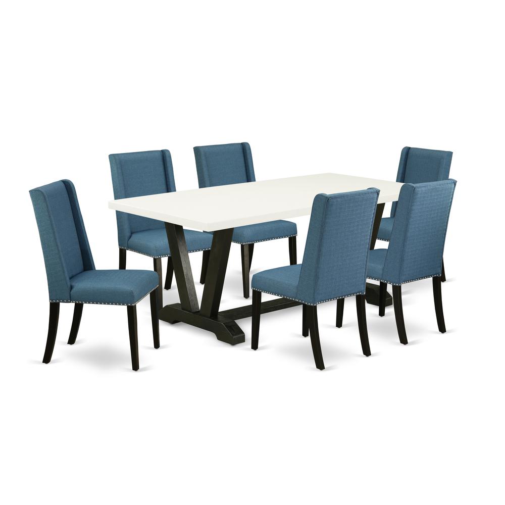 East West Furniture V627FL121-7 7-Piece Amazing kitchen table set a Superb Linen White Dining Room Table Top and 6 Beautiful Linen Fabric Dining Room Chairs with Nail Heads and Stylish Chair Back, Wir