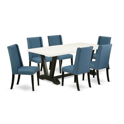 East West Furniture V627FL121-7 7-Piece Amazing kitchen table set a Superb Linen White Dining Room Table Top and 6 Beautiful Linen Fabric Dining Room Chairs with Nail Heads and Stylish Chair Back, Wir