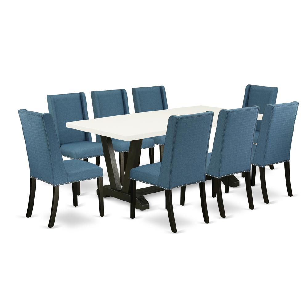 East West Furniture V627FL121-9 9-Piece Stylish kitchen table set an Outstanding Linen White Wood Dining Table Top and 8 Attractive Linen Fabric Padded Parson Chairs with Nail Heads and Stylish Chair