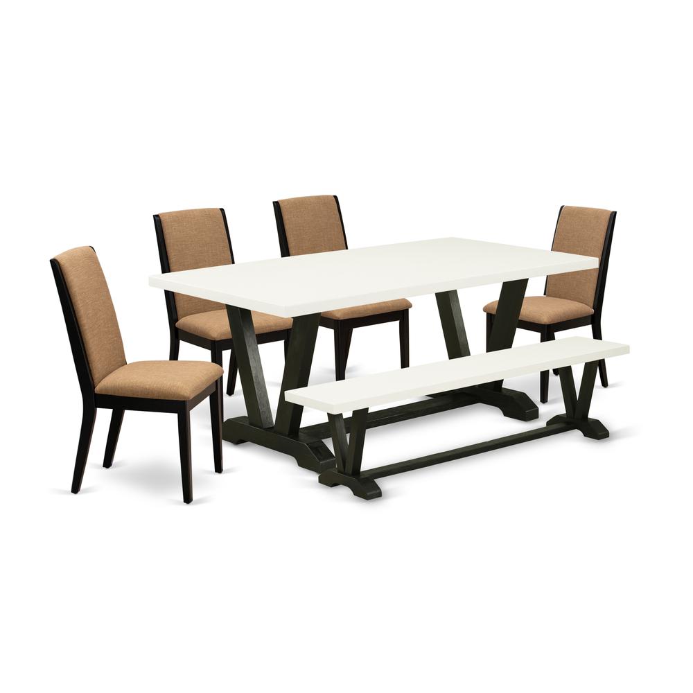 East West Furniture V627LA147-6 6-Piece Gorgeous Modern Dining Table Set an Outstanding Linen White Wood Dining Table Top and Linen White Bench and 4 Awesome Linen Fabric Padded Chairs with Stylish Ch