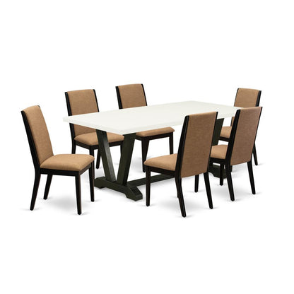 East West Furniture V627LA147-7 7-Piece Gorgeous Dining Table Set a Superb Linen White Wood Dining Table Top and 6 Stunning Linen Fabric Parson Chairs with Stylish Chair Back, Wire Brushed Black Finis