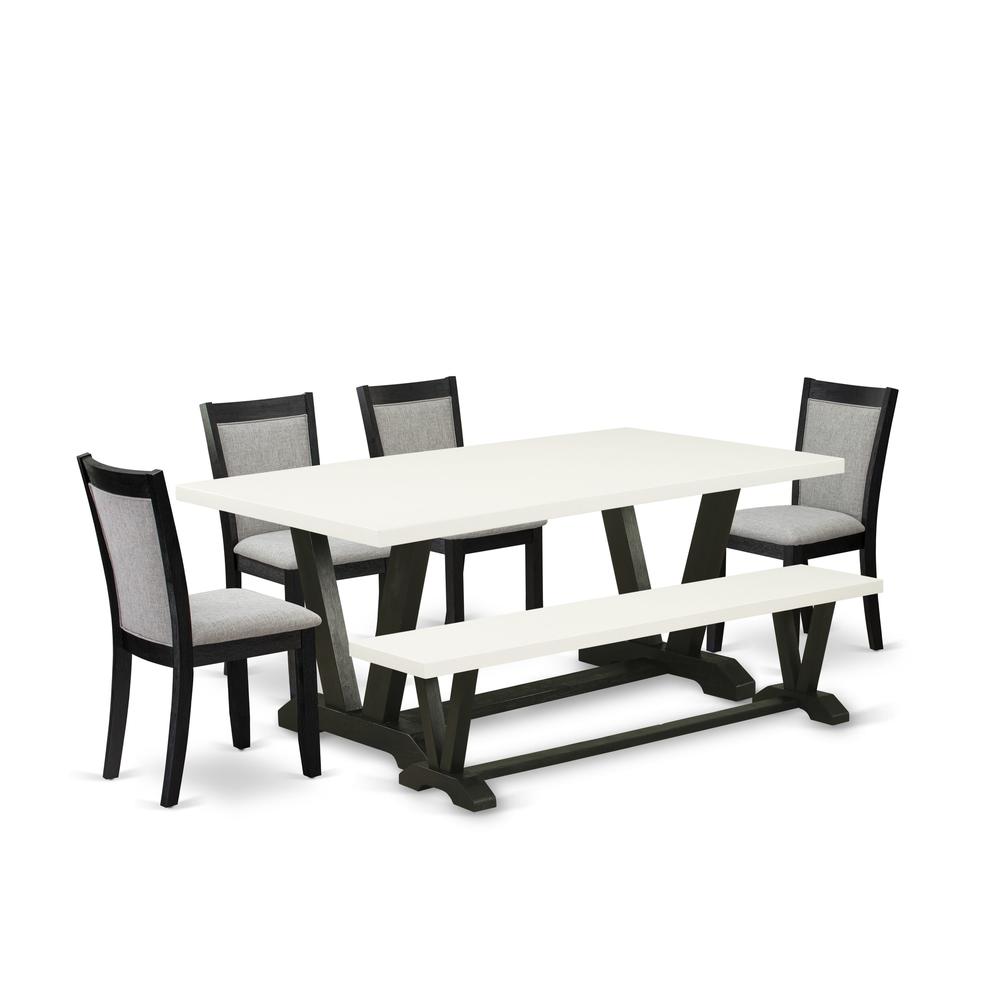 V627MZ606-6 6 Pc Kitchen Table Set - Linen White Table with Bench and 4 Shitake Dining Chairs - Wire Brushed Black Finish
