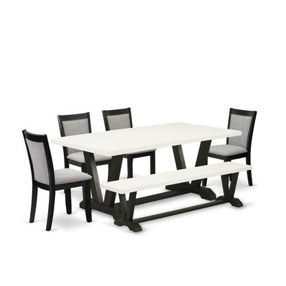 V627MZ606-6 6 Pc Kitchen Table Set - Linen White Table with Bench and 4 Shitake Dining Chairs - Wire Brushed Black Finish