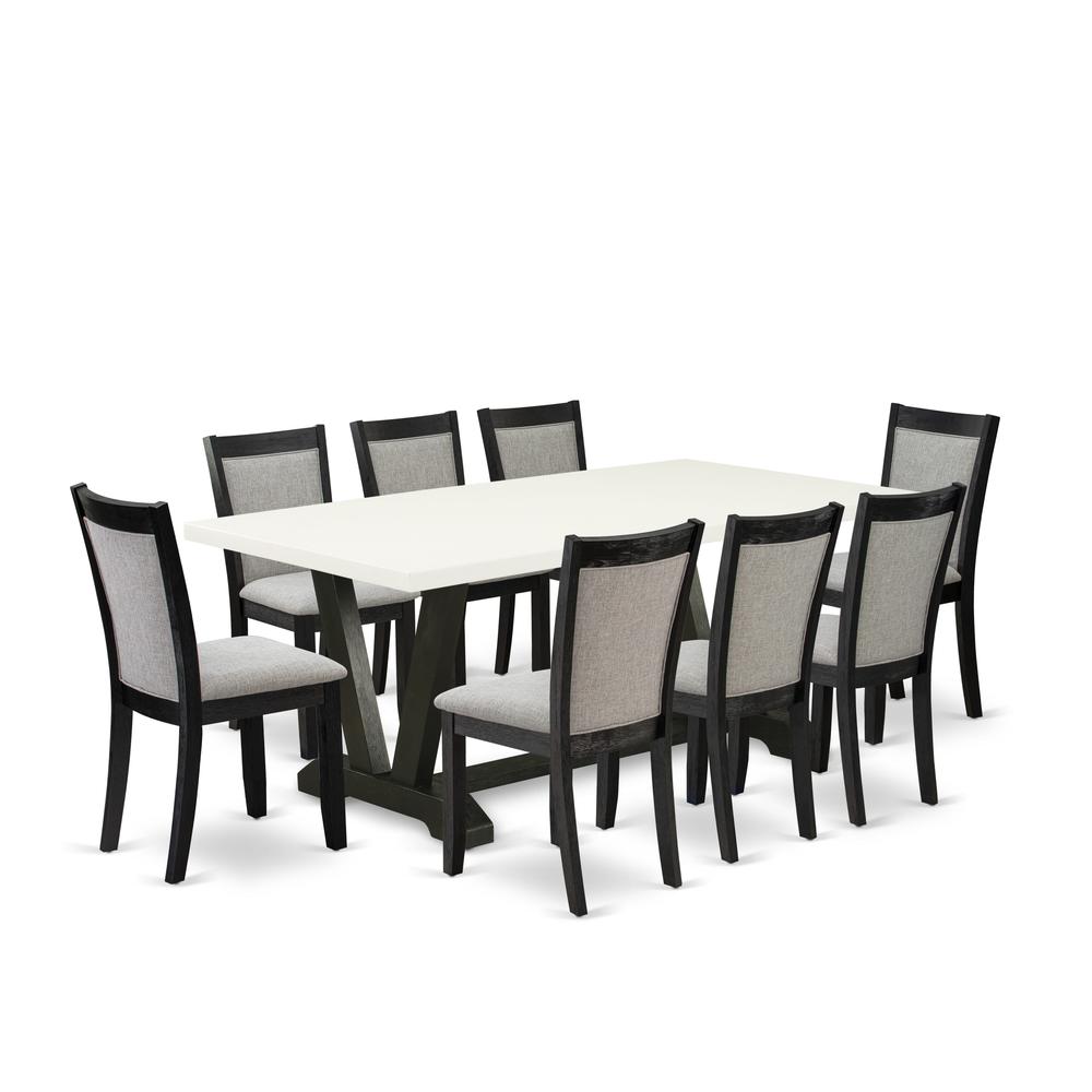 V627MZ606-9 9 Pc Dining Set - Linen White Dining Table with 8 Shitake Dining Room Chairs - Wire Brushed Black Finish