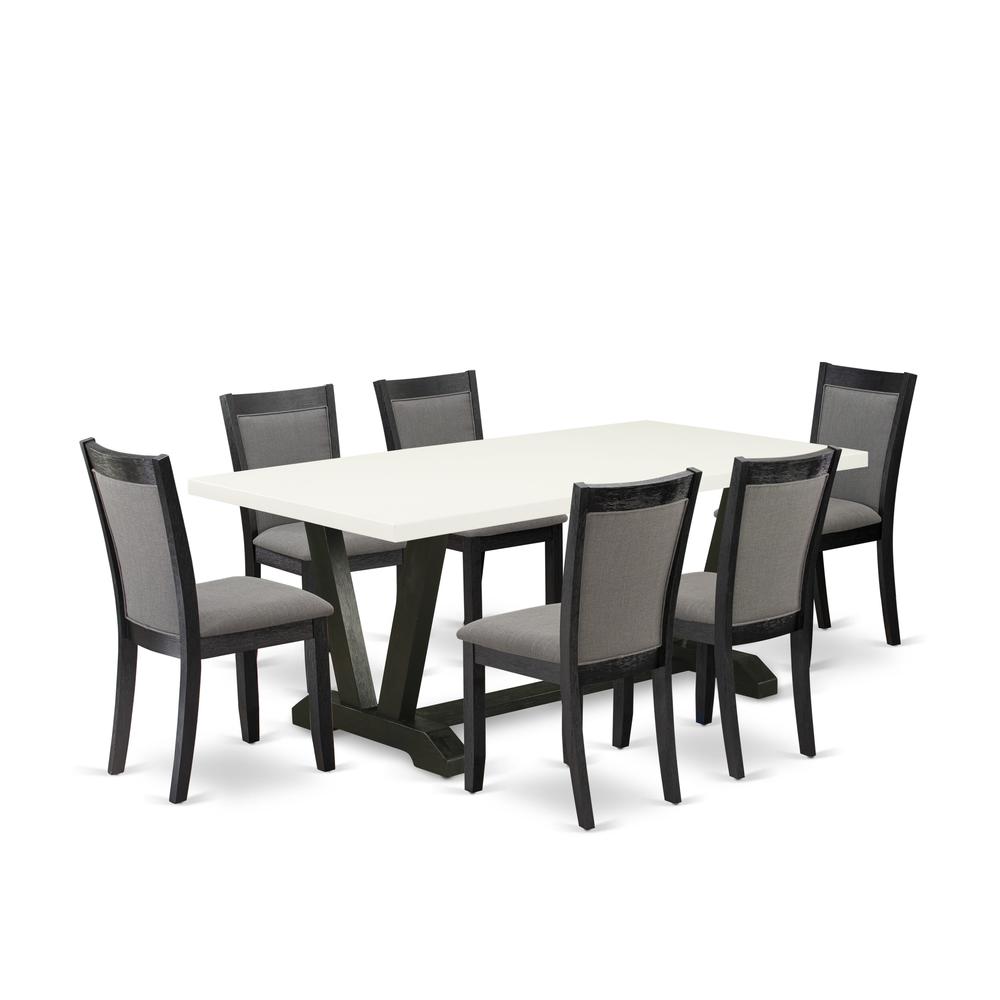 V627MZ650-7 7 Piece Kitchen Table Set - Linen White Dinner Table with 6 Dark Gotham Grey Dining Chairs - Wire Brushed Black Finish