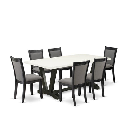 V627MZ650-7 7 Piece Kitchen Table Set - Linen White Dinner Table with 6 Dark Gotham Grey Dining Chairs - Wire Brushed Black Finish