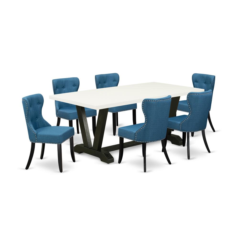 East West Furniture V627SI121-7 7-Piece Dinette Set- 6 padded parson chairs with Blue Linen Fabric Seat and Button Tufted Chair Back - Rectangular Table Top & Wooden Legs - Linen White and Black Finis