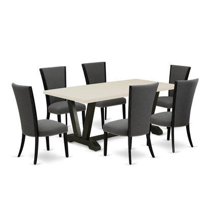 East West Furniture 7 Piece Modern Dining Set Consists of a Linen White Dinning Table and 6 Dark Gotham Grey Linen Fabric Parson Chairs with High Back - Wire Brushed Black Finish