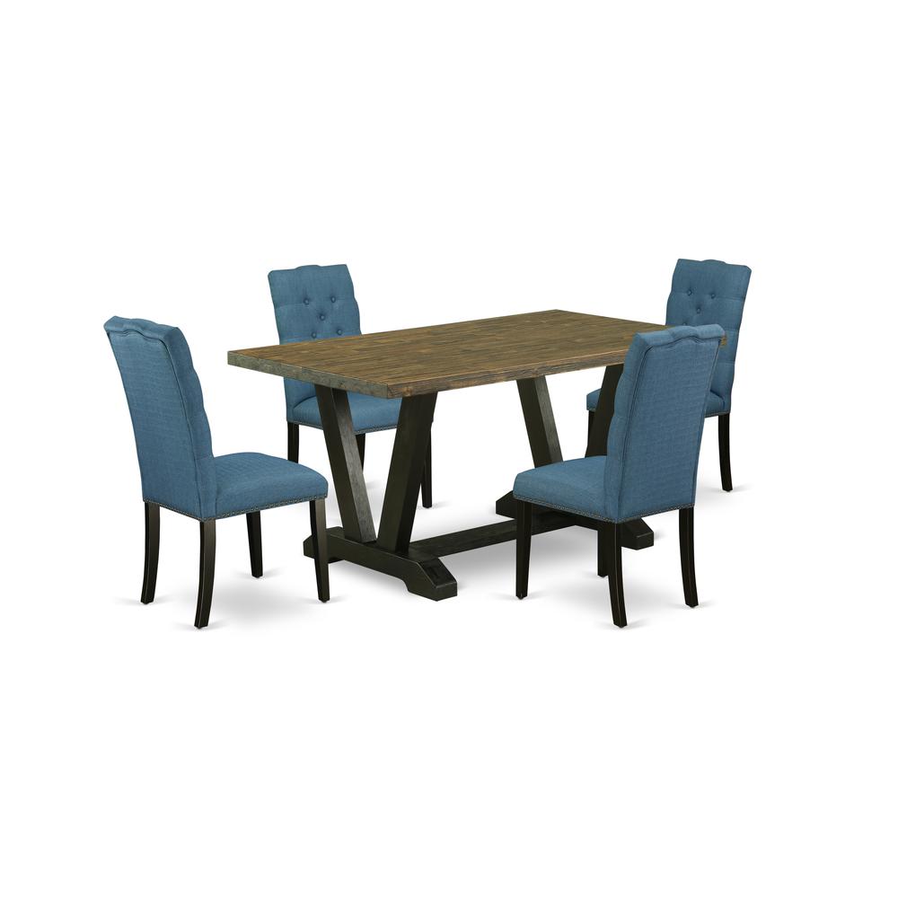 East West Furniture V676EL121-5 5-Piece Stylish an Excellent Distressed Jacobean Dining Table Top and 4 Gorgeous Linen Fabric Parson Chairs with Nail Heads and Button Tufted Chair Back, Wire Brushed B