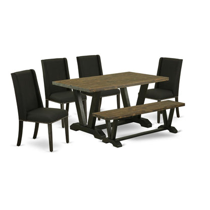East West Furniture 6-Piece Dining Set-Black Linen Fabric Seat and High Stylish Chair Back Upholstered Dining chairs, A Rectangular Bench and Rectangular Top dining room table with Solid Wood Legs - D