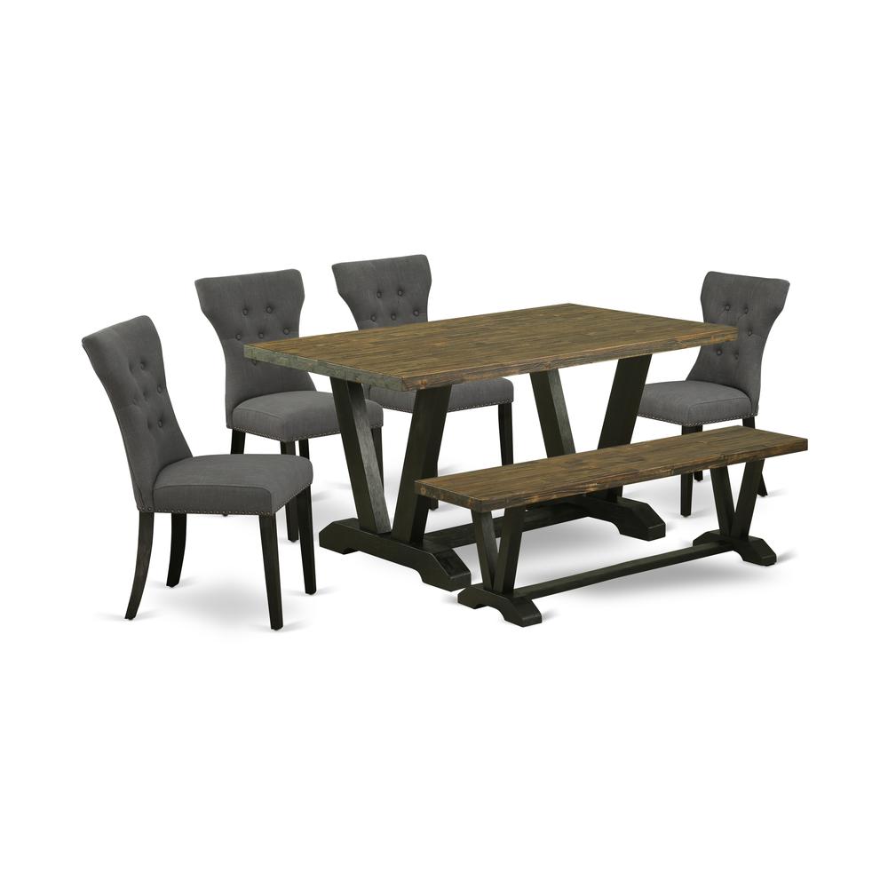 East West Furniture 6-Pc Dining Set-Dark Gotham Grey Linen Fabric Seat and Button Tufted Chair Back Parson Dining chairs, A Rectangular Bench and Rectangular Top dining room table with Hardwood Legs -