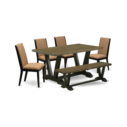 East West Furniture V676LA147-6 6-Piece Awesome kitchen table set a Great Distressed Jacobean dining table Top and Distressed Jacobean Dining Bench and 4 Attractive Linen Fabric Kitchen Parson Chairs