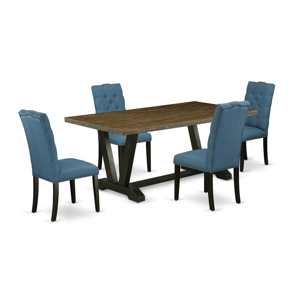 East West Furniture V677EL121-5 5-Piece Amazing Dining Room Set a Superb Distressed Jacobean Kitchen Table Top and 4 Excellent Linen Fabric Kitchen Chairs with Nail Heads and Button Tufted Chair Back,