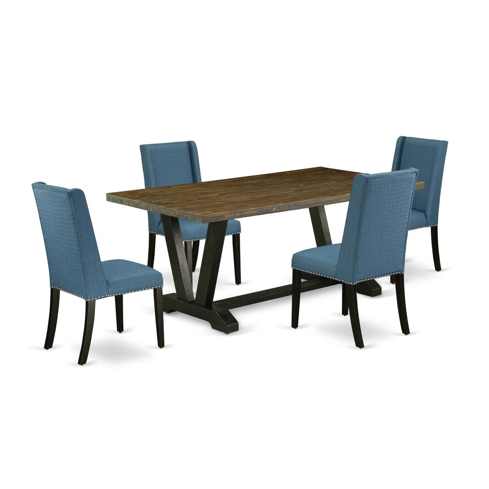 East West Furniture V677FL121-5 5-Piece Awesome kitchen table set an Excellent Distressed Jacobean dining table Top and 4 Stunning Linen Fabric Dining Chairs with Nail Heads and Stylish Chair Back, Wi