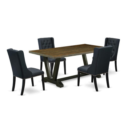 East West Furniture V677FO624-5 5 Piece Dining Table Set Consists of 4 Black Linen Fabric Dining Chairs with Nail heads and Distressed Jacobean Dining Table - Wire Brush Black Finish