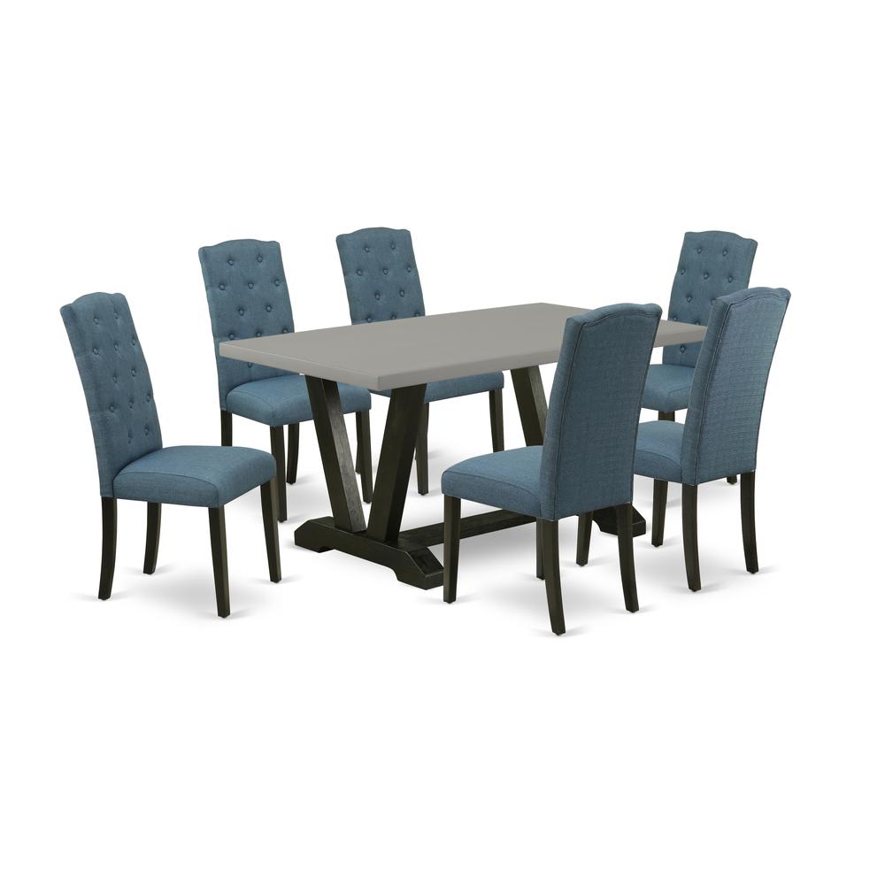 East West Furniture V696CE121-7 7-Pc Kitchen Table Set - 6 Dining Chairs and 1 Modern Rectangular Cement Kitchen Table with Button Tufted Chair Back - Wire Brushed Black Finish