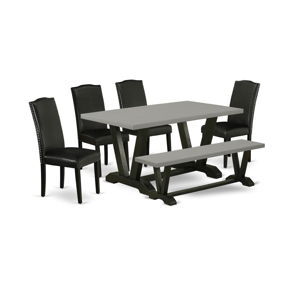 East West Furniture V696EN169-6 6-Pc Dining Table Set - 4 Parson Chairs, a Dining Bench Cement Top and 1 Cement Dining Table Top with High Stylish Chair Back - Wire Brushed Black Finish