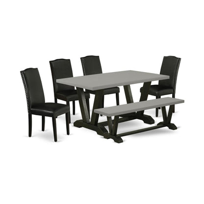 East West Furniture V696EN169-6 6-Pc Dining Table Set - 4 Parson Chairs, a Dining Bench Cement Top and 1 Cement Dining Table Top with High Stylish Chair Back - Wire Brushed Black Finish