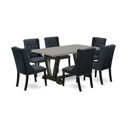 East West Furniture V696FO624-7 7 Piece Dining Room Set - 6 Black Linen Fabric Dining Room Chairs Button Tufted with Nail heads and Cement Dining Room Table - Wire Brush Black Finish