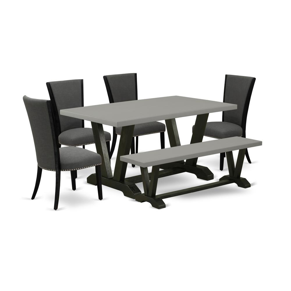 East West Furniture V696VE650-6 6 Piece Dining Room Set - 4 Dark Gotham Grey Linen Fabric Kitchen Chairs with Nailheads and Cement Wood Dining Table - 1 Mid Century Bench - Black Finish