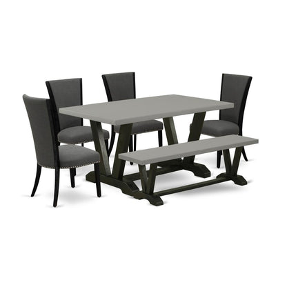 East West Furniture V696VE650-6 6 Piece Dining Room Set - 4 Dark Gotham Grey Linen Fabric Kitchen Chairs with Nailheads and Cement Wood Dining Table - 1 Mid Century Bench - Black Finish