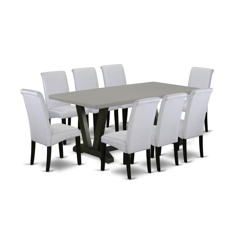 East West Furniture V697BA105-9 9-Pc Dining Table Set - 8 Parson Dining Room Chairs and 1 Modern Rectangular Cement Breakfast Table Top with High Chair Back - Wire Brushed Black Finish