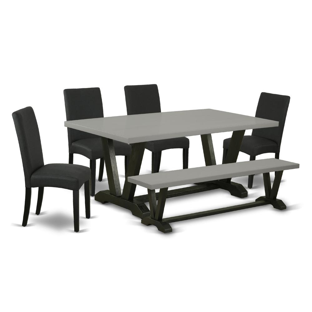 East West Furniture 6-Pc kitchen table set-Black Linen Fabric Seat and High Stylish Chair Back Dining chairs, A Rectangular Bench and Rectangular Top Modern Dining Table with Wood Legs - Cement and Bl