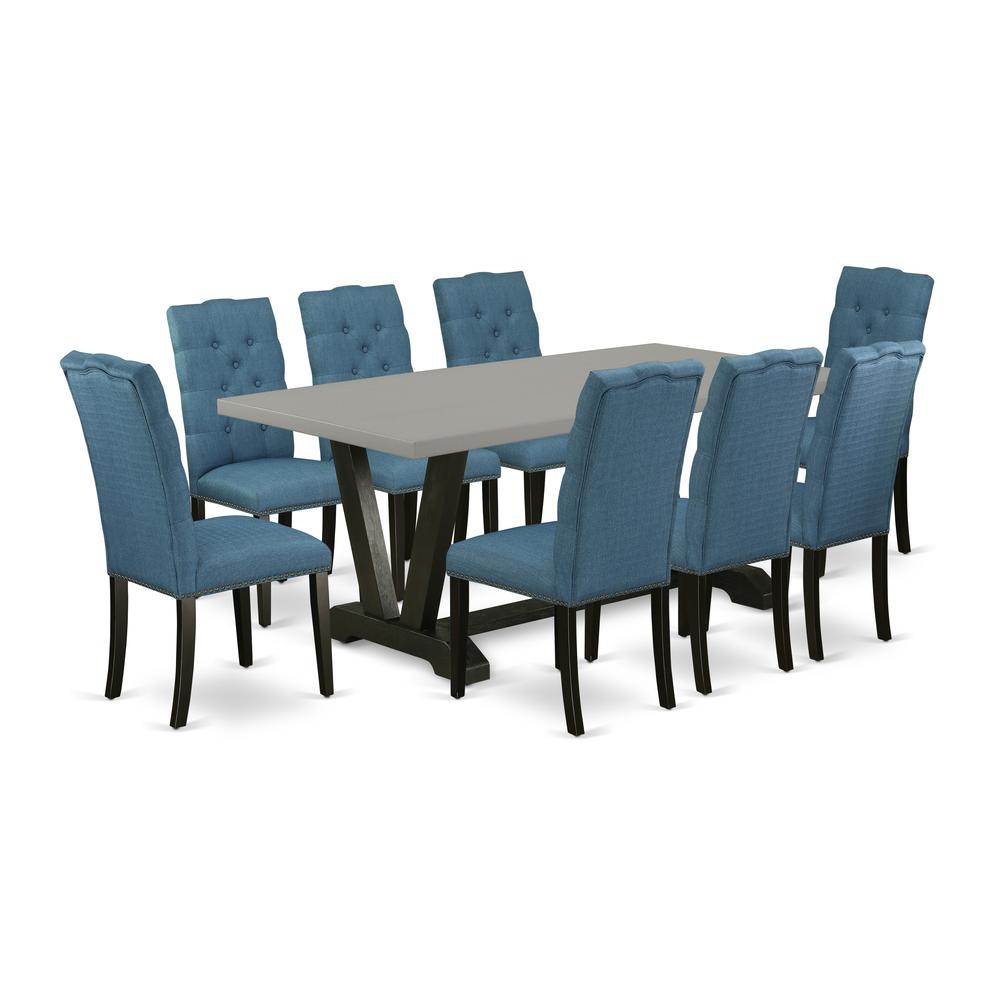 East West Furniture 9-Piece Amazing Dinette Set a Great Cement Color Dining Room Table Top and 8 Lovely Linen Fabric Dining Room Chairs with Nail Heads and Button Tufted Chair Back, Wire Brushed Black