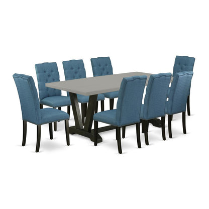 East West Furniture 9-Piece Amazing Dinette Set a Great Cement Color Dining Room Table Top and 8 Lovely Linen Fabric Dining Room Chairs with Nail Heads and Button Tufted Chair Back, Wire Brushed Black