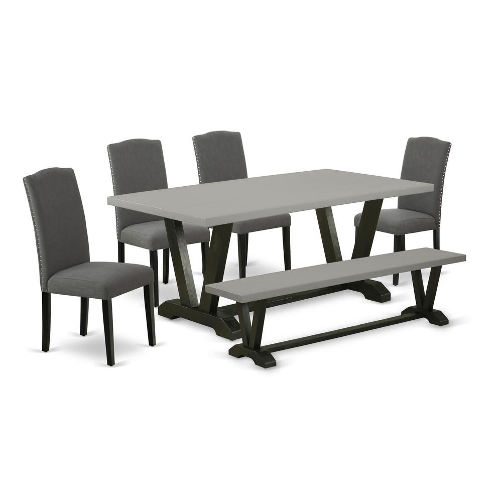 East West Furniture V697EN120-6 - 6-Piece Dining Room Set - 4 Upholstered Dining Chairs, a Wonderful Bench and a Rectangular Table Hardwood Structure