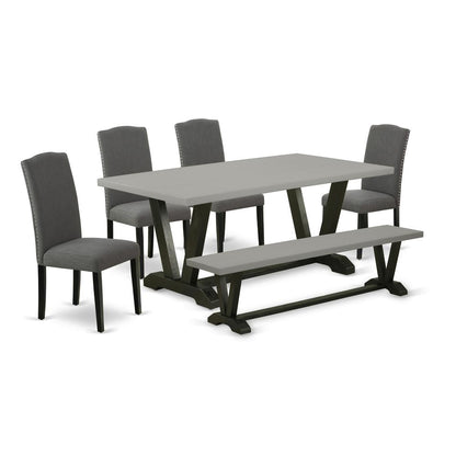 East West Furniture V697EN120-6 - 6-Piece Dining Room Set - 4 Upholstered Dining Chairs, a Wonderful Bench and a Rectangular Table Hardwood Structure