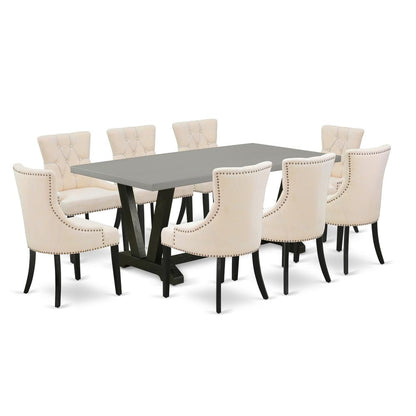 East West Furniture V697FR102-9 9-Pc Kitchen Dining Set - 8 Kitchen Parson Chairs and 1 Modern Rectangular Cement Dining Table Top with Button Tufted Chair Back - Wire Brushed Black Finish
