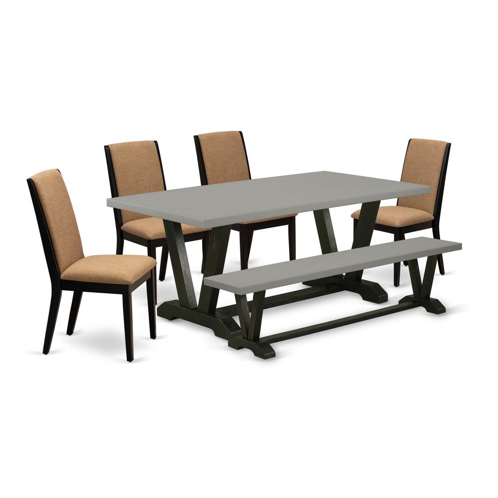 East West Furniture V697LA147-6 6-Piece Beautiful Dining Room Table Set an Excellent Cement Color rectangular Table Top and Cement Color Wooden Bench Indoor and 4 Amazing Linen Fabric Kitchen Chairs w