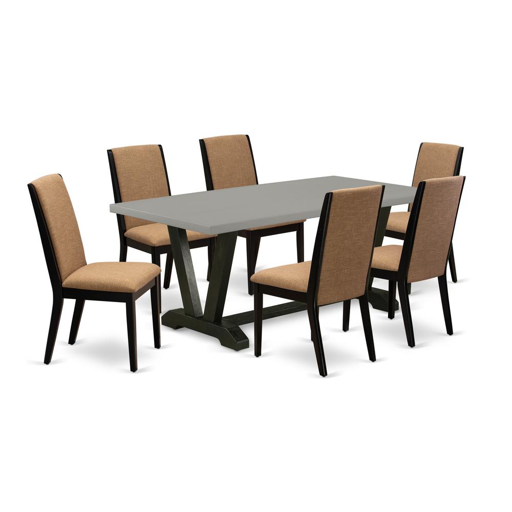 East West Furniture V697LA147-7 7-Piece Modern Dining Table Set an Outstanding Cement Color dining table Top and 6 Wonderful Linen Fabric Dining Room Chairs with Stylish Chair Back, Wire Brushed Black
