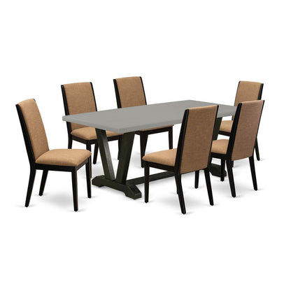 East West Furniture V697LA147-7 7-Piece Modern Dining Table Set an Outstanding Cement Color dining table Top and 6 Wonderful Linen Fabric Dining Room Chairs with Stylish Chair Back, Wire Brushed Black
