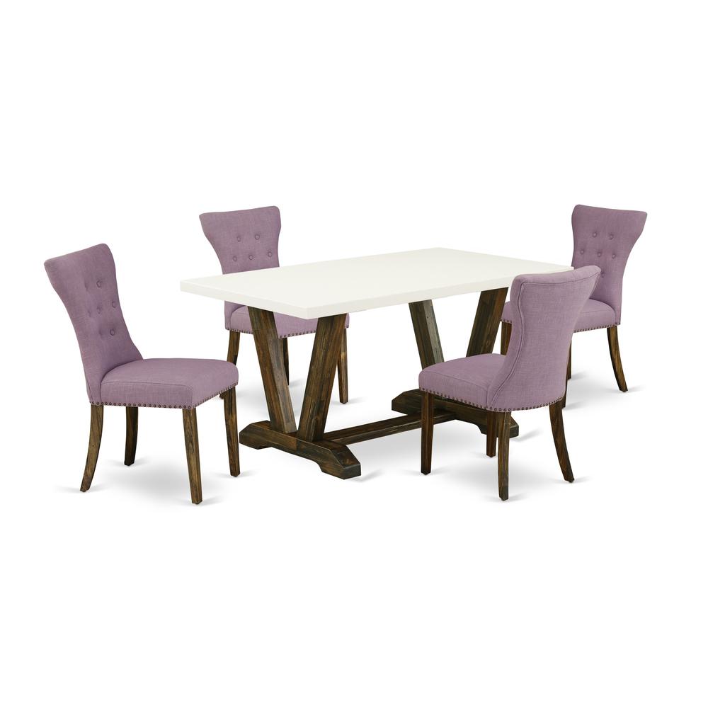 East West Furniture V726GA740-5 5-Piece Dinette Set- 4 Upholstered Dining Chairs with Dahlia Linen Fabric Seat and Button Tufted Chair Back - Rectangular Table Top & Wooden Legs - Linen White and Dist