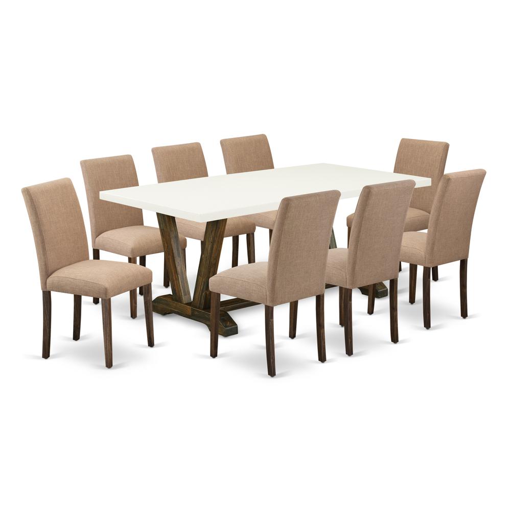 East West Furniture 9-Pc Dining Set Includes 8 Dining Chairs with Upholstered Seat and High Back and a Rectangular Dining Table - Distressed Jacobean Finish